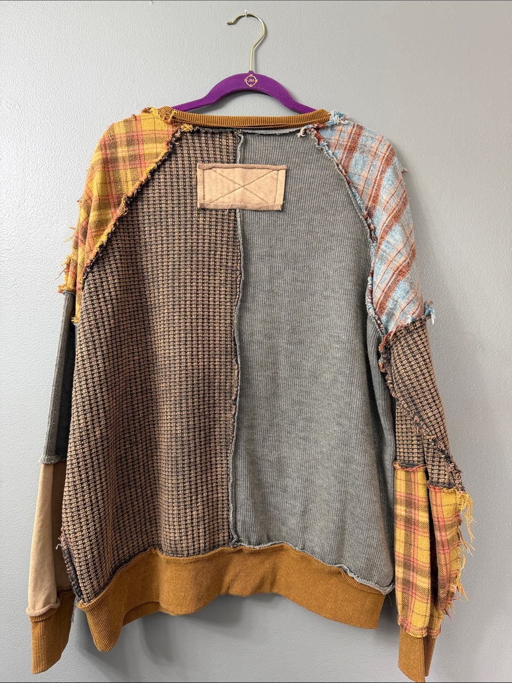 Oli & Hali Washed Mixed Fabric Plaid Pullover in a mustard combo raw seam large - Picture 5 of 7